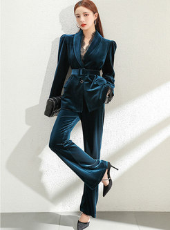 Lace Patchwork Velvet Belted Straight Pant Suits