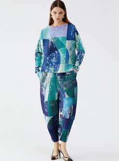 Crew Neck Geometric Print Pleated Harem Pant Suits