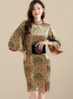 Mandarin Collar Print Short Improved Cheongsam Dress