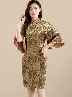 Mandarin Collar Print Short Improved Cheongsam Dress