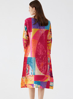 Long Sleeve Geometric Pattern Pleated Midi Dress