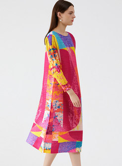 Long Sleeve Geometric Pattern Pleated Midi Dress