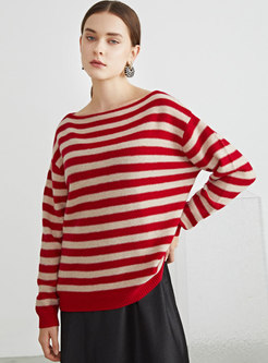Crew Neck Long Sleeve Striped Wool Sweater