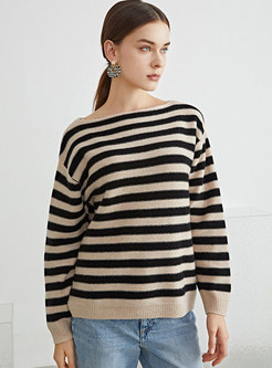 Crew Neck Long Sleeve Striped Wool Sweater