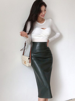 Sexy Openwork Pullover Knit Top & Leather Midi Skirt