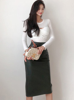 Sexy Openwork Pullover Knit Top & Leather Midi Skirt