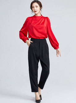 Mock Neck Pullover Ruched Chiffon Blouse