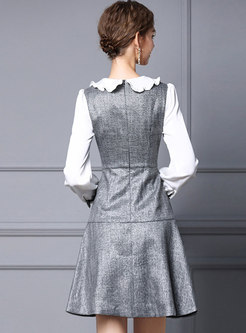 Long Sleeve Patchwork Gathered Waist Mini Dress