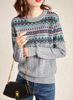 Crew Neck Metallic Cable-knit Pullover Sweater