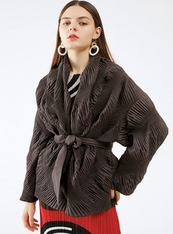 V-neck Long Sleeve Pleated Wrap Coat