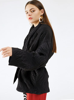 V-neck Long Sleeve Pleated Wrap Coat