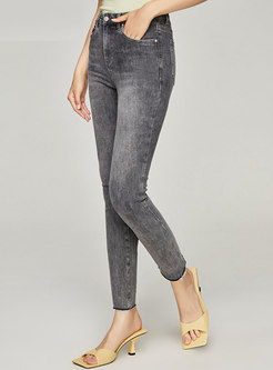 High Waisted Washed Denim Pencil Pants