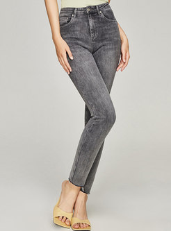 High Waisted Washed Denim Pencil Pants
