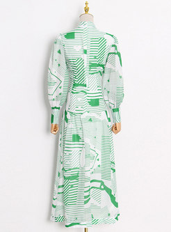 Lantern Sleeve Striped Print Long Dress