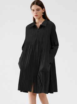 Turn-down Collar Pleated Mid-length Trench Coat