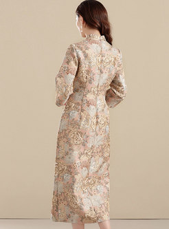 Mandarin Collar Jacquard Improved Cheongsam Midi Dress