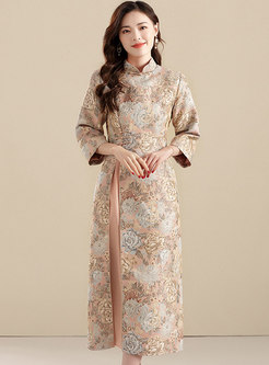 Mandarin Collar Jacquard Improved Cheongsam Midi Dress