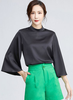 Mock Neck Flare Sleeve Pullover Loose Blouse