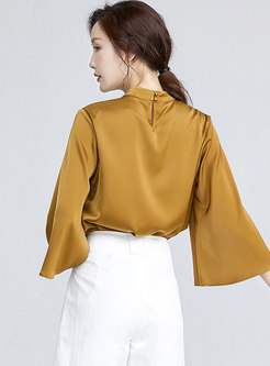 Mock Neck Flare Sleeve Pullover Loose Blouse
