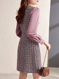 V-neck Long Sleeve Tweed Short Dress