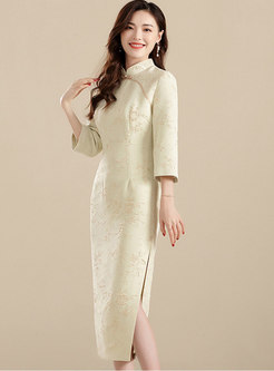 Mandarin Collar Jacquard Split Improved Cheongsam Dress