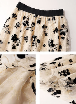 High Waisted Embroidered Mesh Midi Skirt