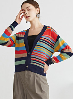 V-neck Long Sleeve Striped Wool Cardigan
