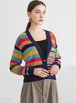 V-neck Long Sleeve Striped Wool Cardigan