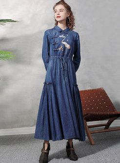 Retro Long Sleeve Drawstring Embroidered Denim Long Dress