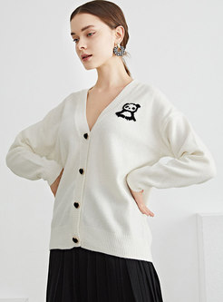 Single-breasted Panda Embroidered Wool Cardigan