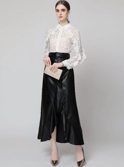 Long Sleeve Openwork Lace Blouse & A Line Maxi Skirt