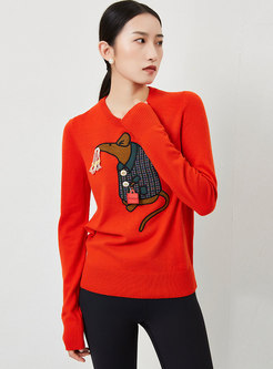 Cartoon Embroidered Pullover Long Sleeve Sweater