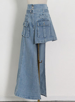 High Waisted Asymmetric Denim Maxi Skirt