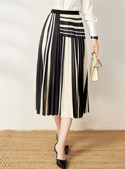 High Waisted A Line Striped Pleated Midi Skirt
