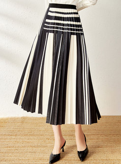 High Waisted A Line Striped Pleated Midi Skirt