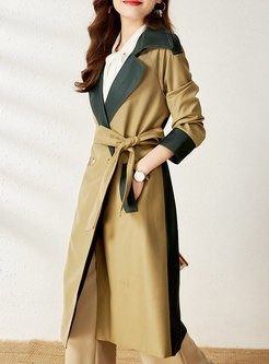 Color-blocked Double-breasted Long Trench Coat