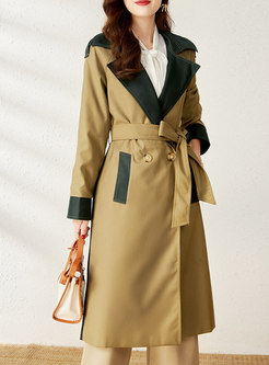 Color-blocked Double-breasted Long Trench Coat