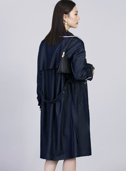 Color-blocked Lapel Belted Straight Trench Coat