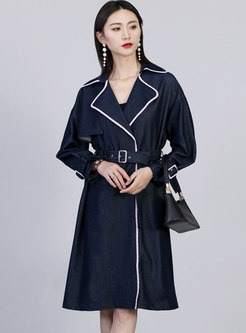 Color-blocked Lapel Belted Straight Trench Coat