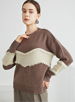 Crew Neck Fringed Pullover Wool Sweater
