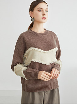 Crew Neck Fringed Pullover Wool Sweater