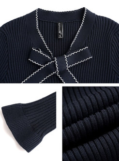Bowknot V-neck Pullover Ribbed Slim Sweater