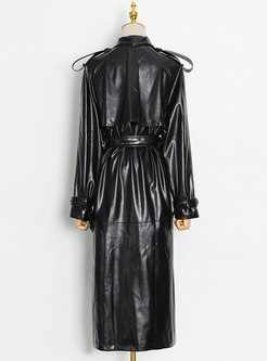 Double-breasted Faux Leather Long Trench Coat