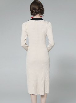 Color-blocked Long Sleeve Ribbed Midi Sweater Dress