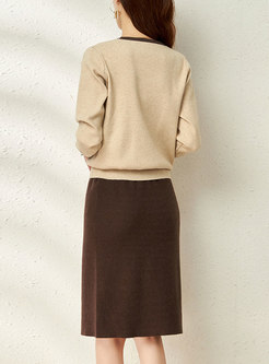 Crew Neck Long Sleeve Pullover Sweater Skirt Suits