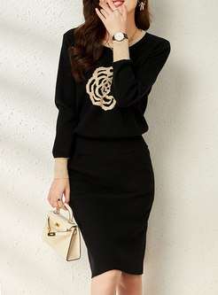 Crew Neck Long Sleeve Pullover Sweater Skirt Suits