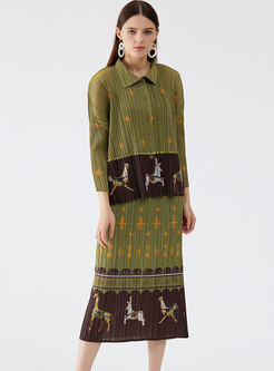 Long Sleeve Print Pleated Midi Skirt Suits
