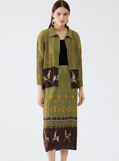 Long Sleeve Print Pleated Midi Skirt Suits