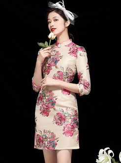 Mandarin Collar Jacquard Short Improved Cheongsam Dress