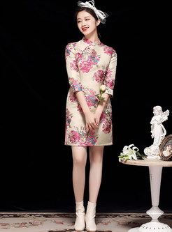 Mandarin Collar Jacquard Short Improved Cheongsam Dress
